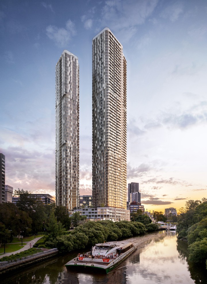 Cele două turnuri 180 George se înalță deasupra suburbiilor de vest ale orașului Sydney (© Meriton Group)